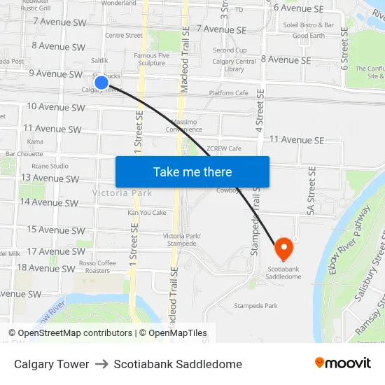 Calgary Tower to Scotiabank Saddledome map