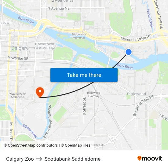 Calgary Zoo to Scotiabank Saddledome map