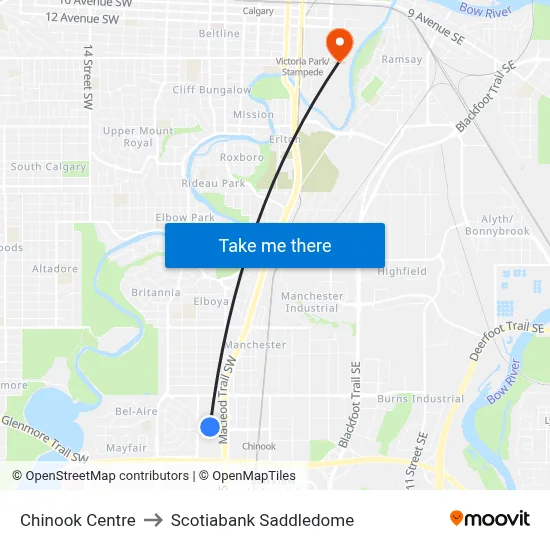 Chinook Centre to Scotiabank Saddledome map