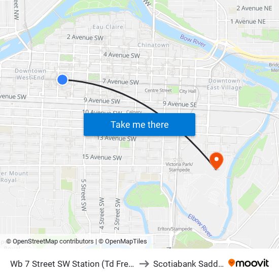 Wb 7 Street SW Station (Td Free Fare Zone) to Scotiabank Saddledome map