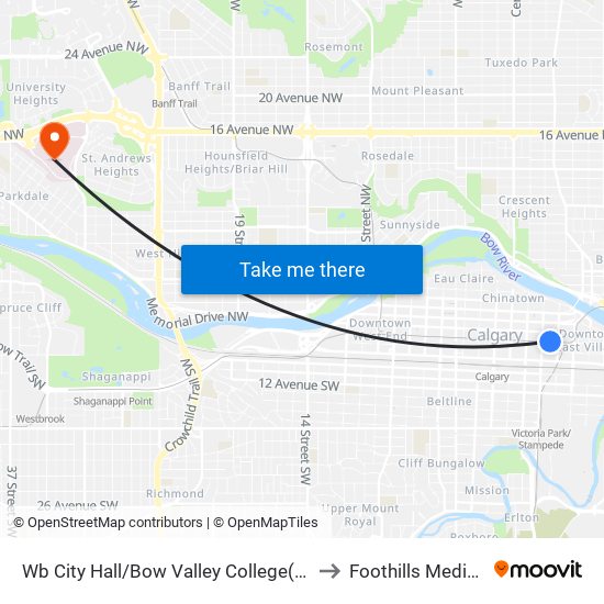 Wb City Hall/Bow Valley College(Td Free Fare Zone) to Foothills Medical Centre map