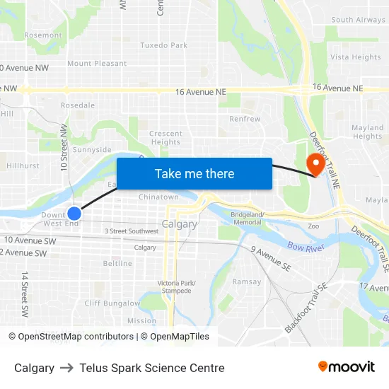 Calgary to Telus Spark Science Centre map