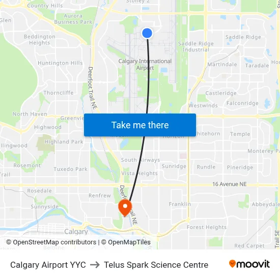 Calgary Airport YYC to Telus Spark Science Centre map