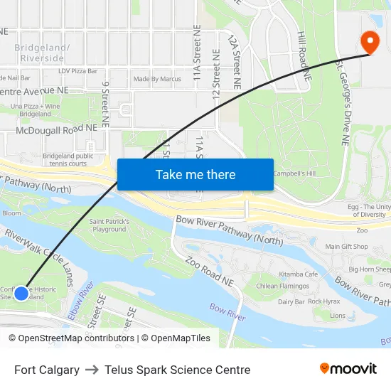 Fort Calgary to Telus Spark Science Centre map