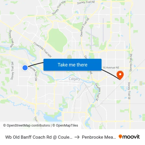 Wb Old Banff Coach Rd @ Coulee Wy SW to Penbrooke Meadows map