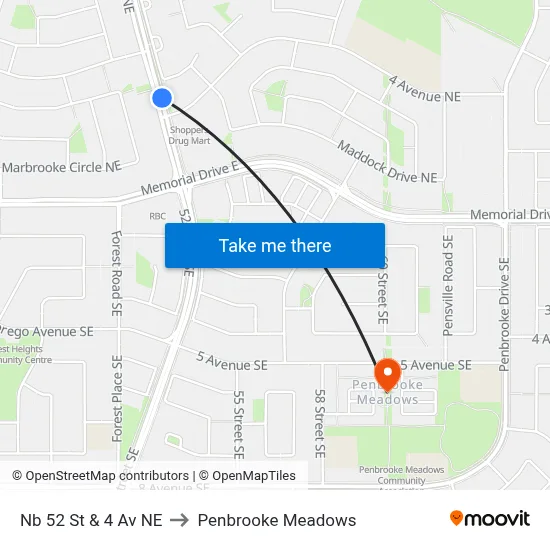 Nb 52 St & 4 Av NE to Penbrooke Meadows map