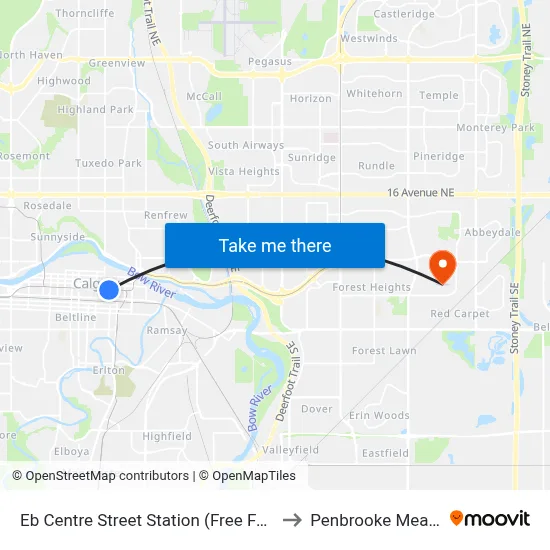 Eb Centre Street Station (Free Fare Zone) to Penbrooke Meadows map