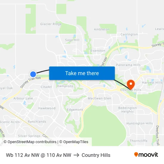 Wb 112 Av NW @ 110 Av NW to Country Hills map