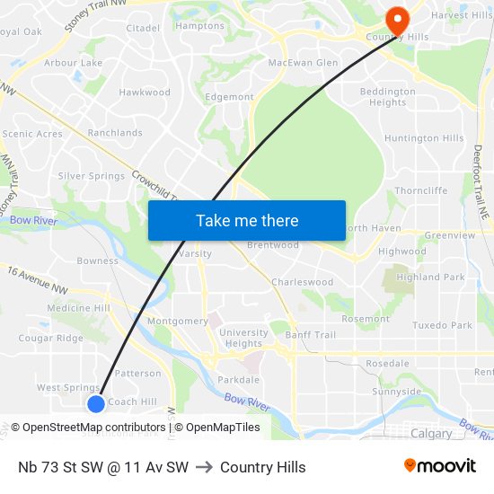 Nb 73 St SW @ 11 Av SW to Country Hills map