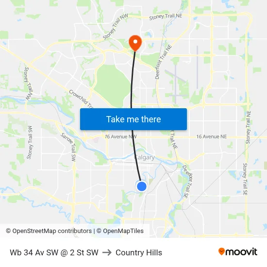 Wb 34 Av SW @ 2 St SW to Country Hills map