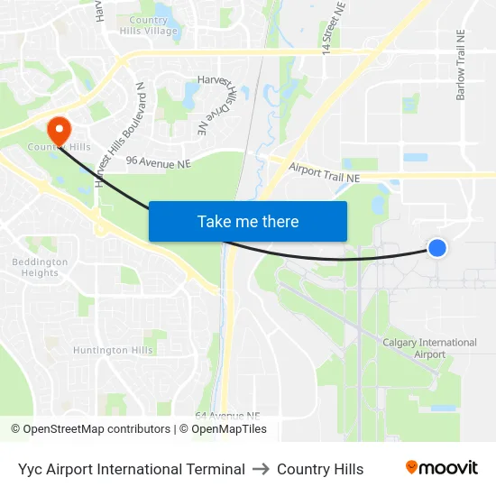 Yyc Airport International Terminal to Country Hills map