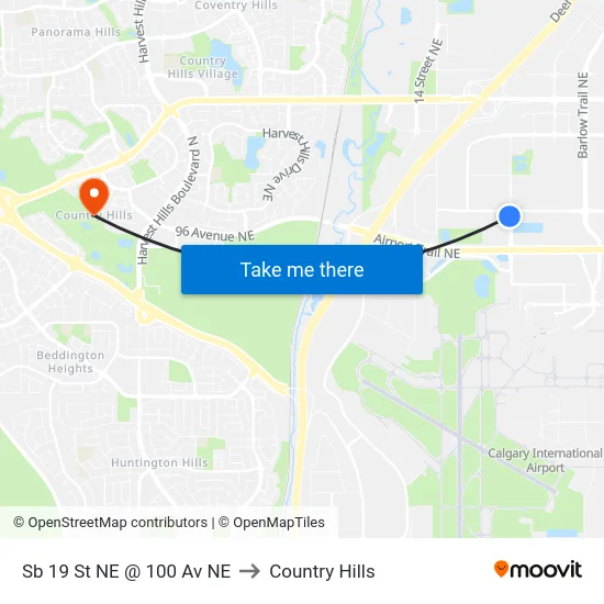 Sb 19 St NE @ 100 Av NE to Country Hills map