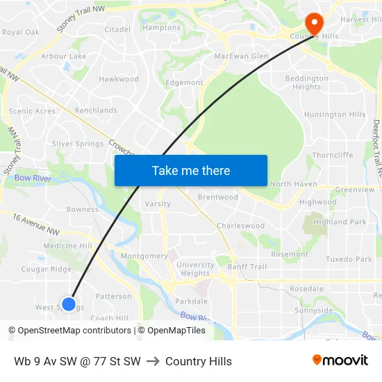 Wb 9 Av SW @ 77 St SW to Country Hills map