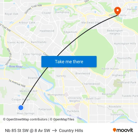 Nb 85 St SW @ 8 Av SW to Country Hills map