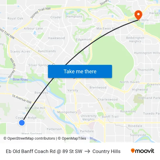 Eb Old Banff Coach Rd @ 89 St SW to Country Hills map