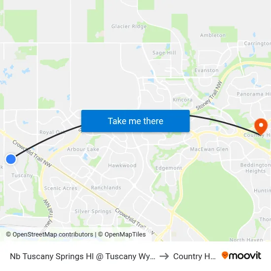 Nb Tuscany Springs Hl @ Tuscany Wy NW to Country Hills map