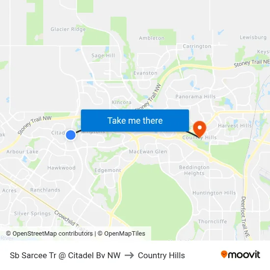 Sb Sarcee Tr @ Citadel Bv NW to Country Hills map