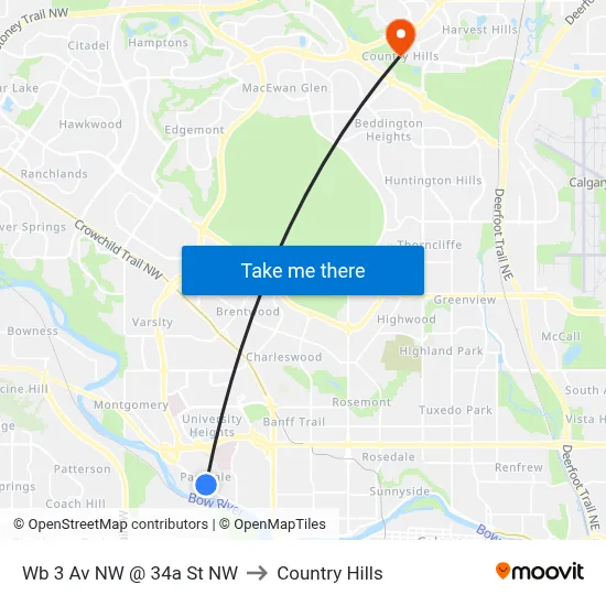 Wb 3 Av NW @ 34a St NW to Country Hills map