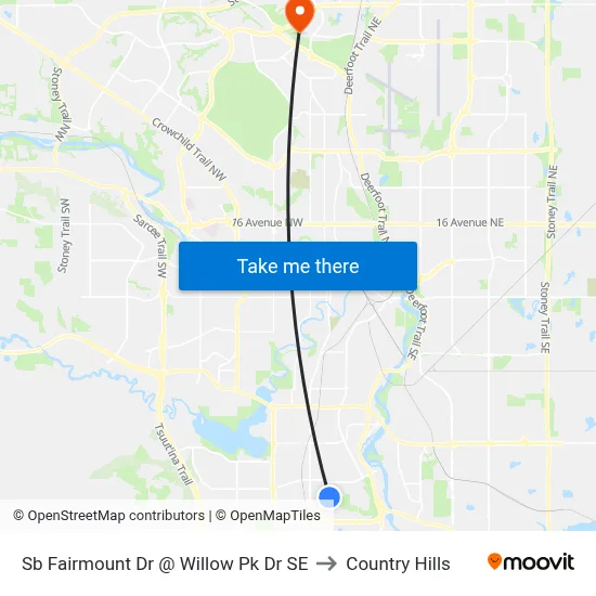 Sb Fairmount Dr @ Willow Pk Dr SE to Country Hills map