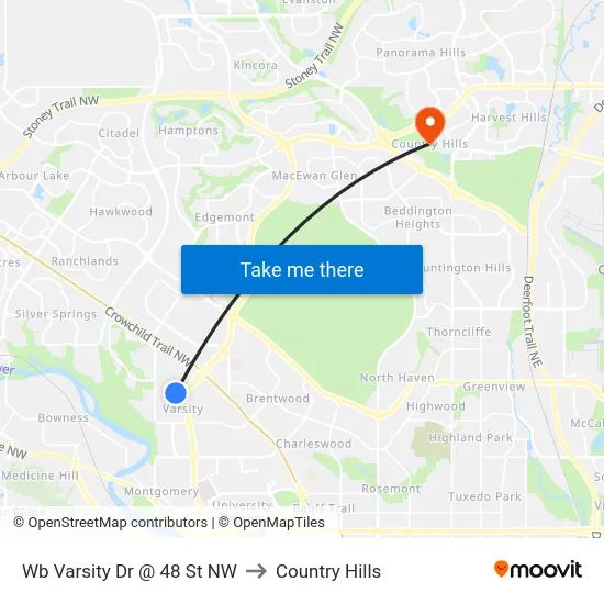 Wb Varsity Dr @ 48 St NW to Country Hills map