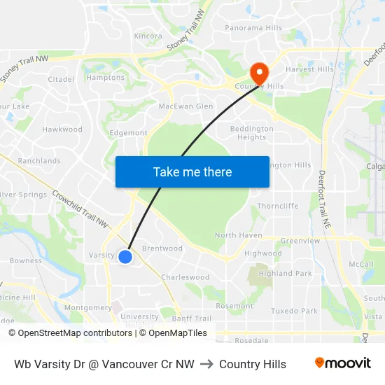 Wb Varsity Dr @ Vancouver Cr NW to Country Hills map