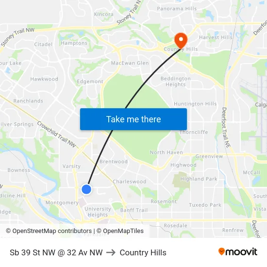 Sb 39 St NW @ 32 Av NW to Country Hills map