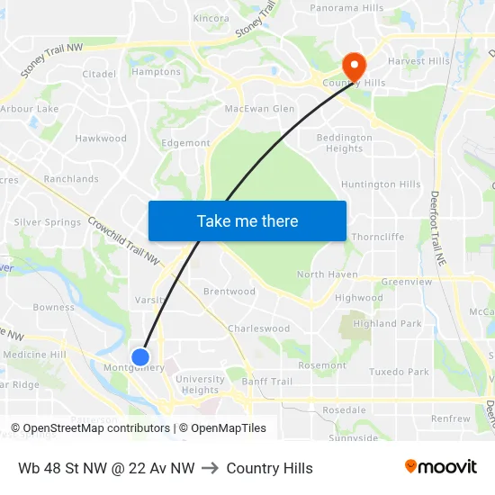 Wb 48 St NW @ 22 Av NW to Country Hills map