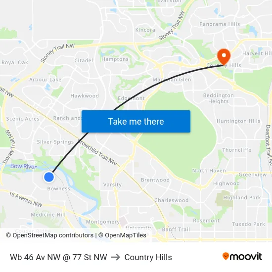 Wb 46 Av NW @ 77 St NW to Country Hills map