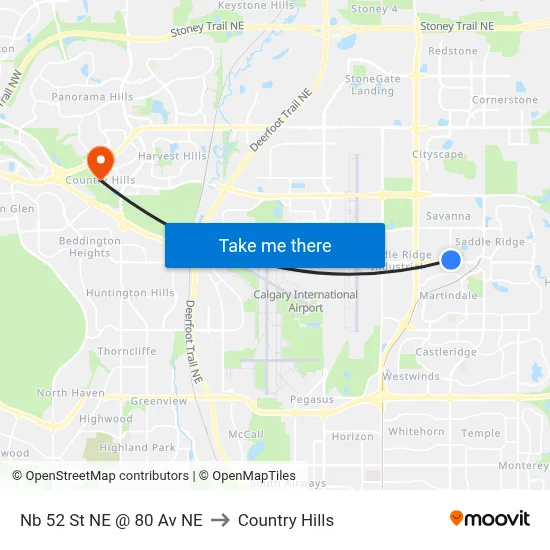 Nb 52 St NE @ 80 Av NE to Country Hills map