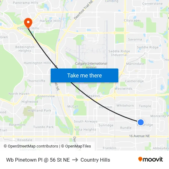 Wb Pinetown Pl @ 56 St NE to Country Hills map