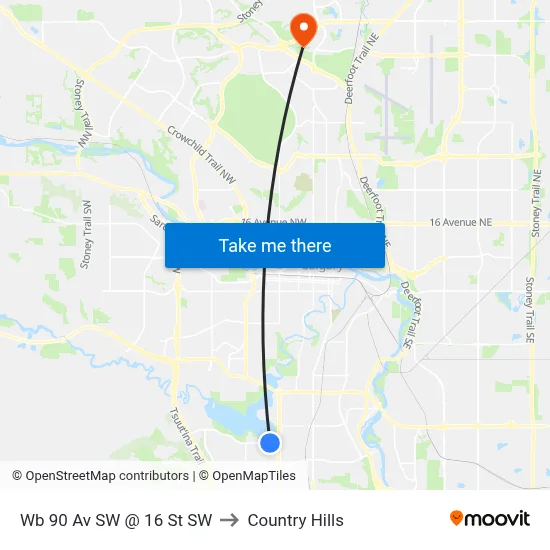 Wb 90 Av SW @ 16 St SW to Country Hills map