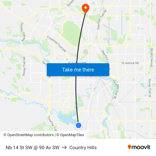 Nb 14 St SW @ 90 Av SW to Country Hills map