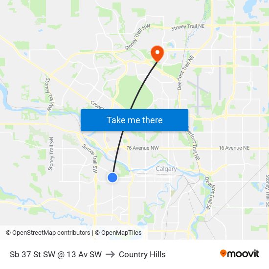 Sb 37 St SW @ 13 Av SW to Country Hills map