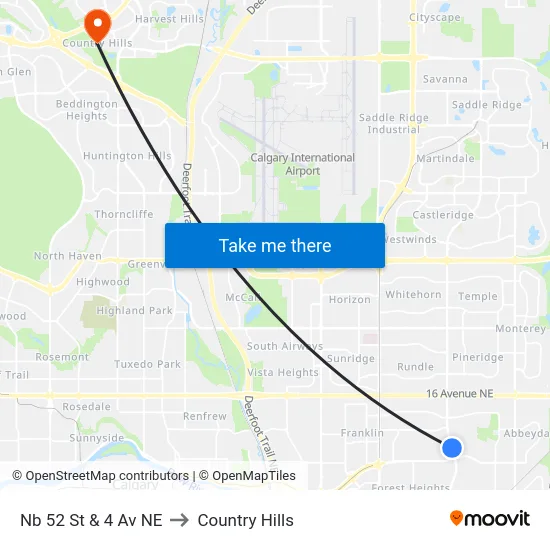 Nb 52 St & 4 Av NE to Country Hills map