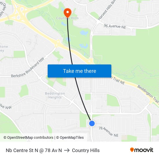 Nb Centre St N @ 78 Av N to Country Hills map