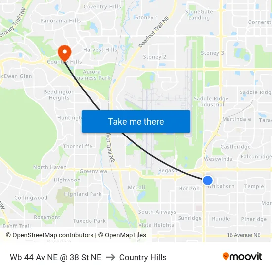 Wb 44 Av NE @ 38 St NE to Country Hills map