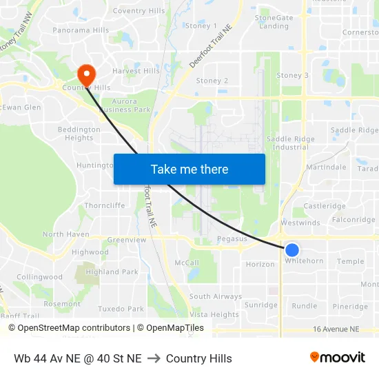 Wb 44 Av NE @ 40 St NE to Country Hills map