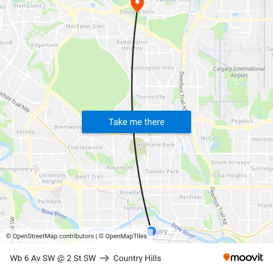 Wb 6 Av SW @ 2 St SW to Country Hills map