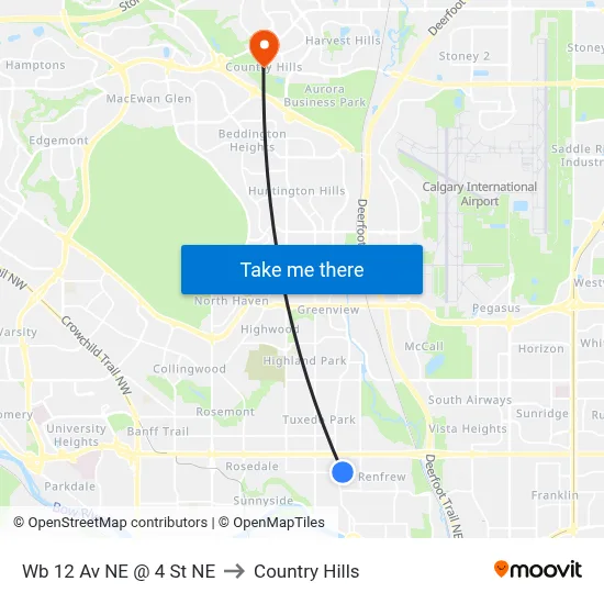 Wb 12 Av NE @ 4 St NE to Country Hills map