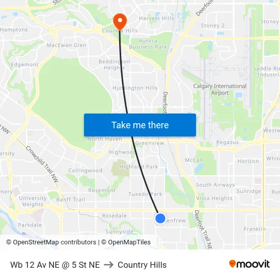Wb 12 Av NE @ 5 St NE to Country Hills map