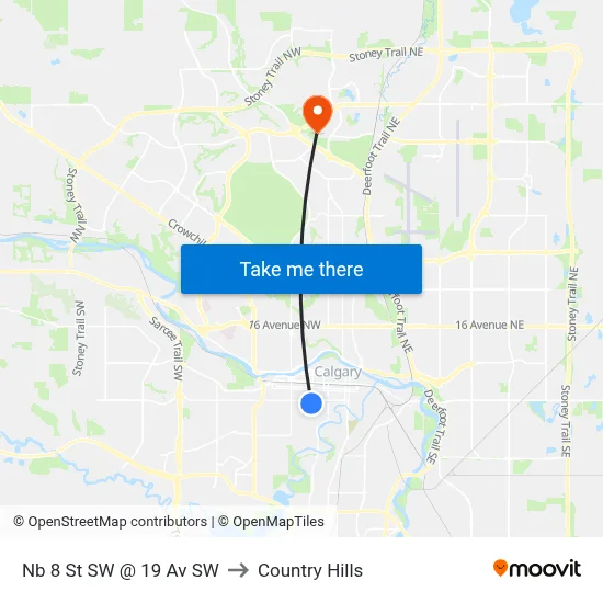 Nb 8 St SW @ 19 Av SW to Country Hills map