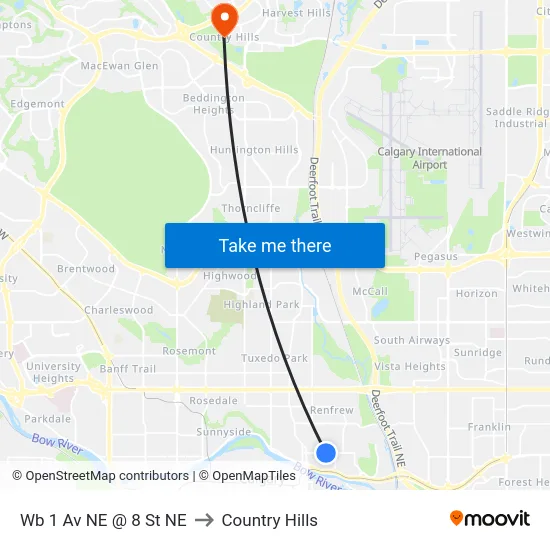 Wb 1 Av NE @ 8 St NE to Country Hills map