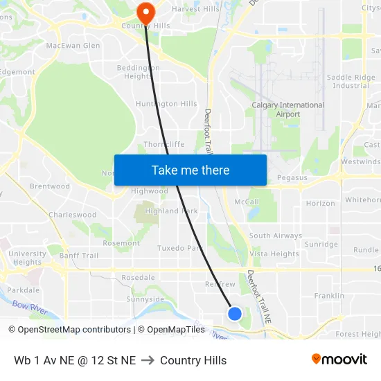 Wb 1 Av NE @ 12 St NE to Country Hills map