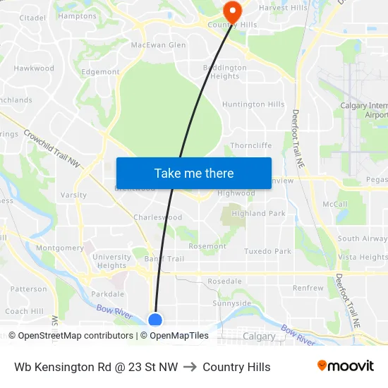 Wb Kensington Rd @ 23 St NW to Country Hills map