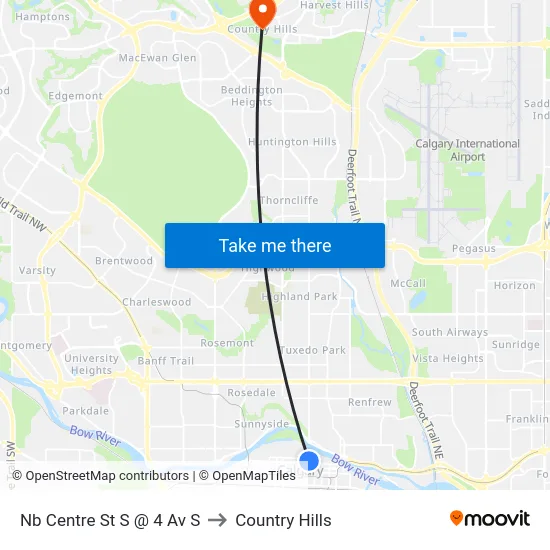 Nb Centre St S @ 4 Av S to Country Hills map