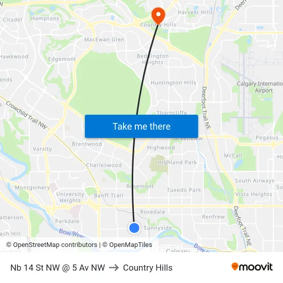 Nb 14 St NW @ 5 Av NW to Country Hills map