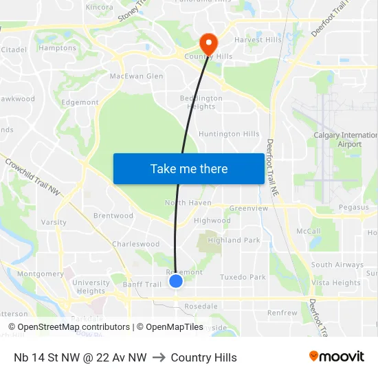 Nb 14 St NW @ 22 Av NW to Country Hills map