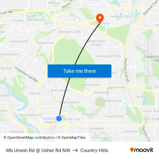 Wb Unwin Rd @ Usher Rd NW to Country Hills map