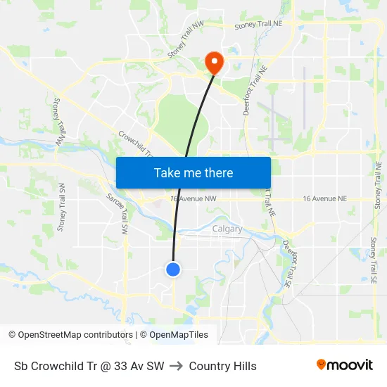 Sb Crowchild Tr @ 33 Av SW to Country Hills map