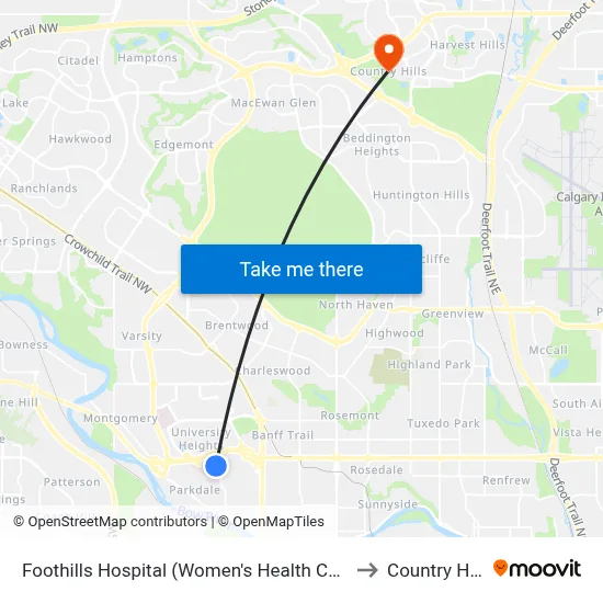 Foothills Hospital (Women's Health Centre) to Country Hills map